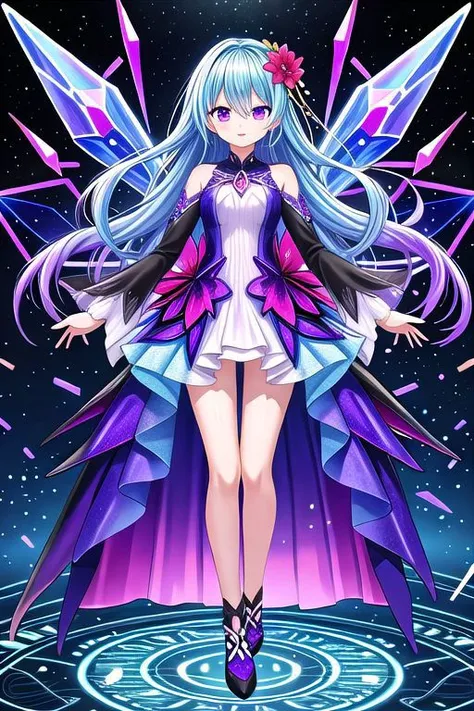 FLOWER OCEAN,DATA STORM,CRYSTAL HEAVEN,FLAME MAGICA.
FULL BODY.
DETAILED CLOTHES,DETAILED HAIR,DETAILED EYES.