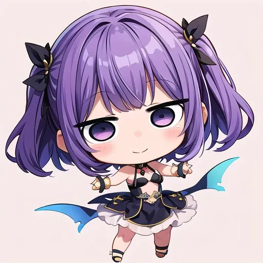 <lora:hotarueye_jitome1_v100:1>, 1girl, (chibi:1.4), smile, closed mouth, upper body, dynamic pose, , purple hair,