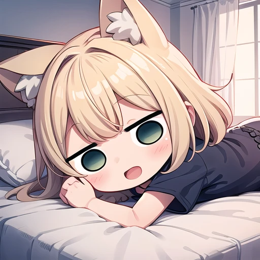 <lora:hotarueye_jitome1_v100:1>, 1girl, (chibi:1.4), smile, open mouth, dynamic angle, lying on bed, animal ear, blonde hair, indoors