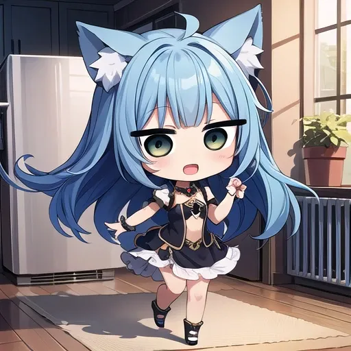 <lora:hotarueye_jitome1_v100:1>, 1girl, (chibi:1.4), smile, open mouth, dynamic angle, standing, animal ear, blue hair, indoors