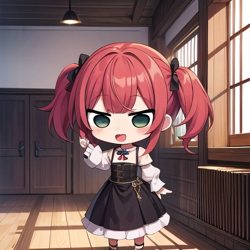 <lora:hotarueye_jitome1_v100:1>, 1girl, (chibi:1.4), smile, open mouth, upper body, standing, , red hair, indoors