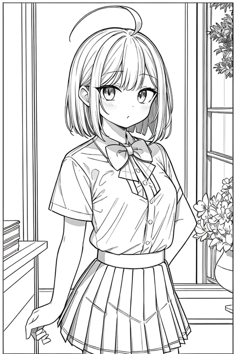 masterpiece, best quality, 1girl, solo, long_hair, looking_at_viewer, monochrome, lineart,
<lora:animeLineartMangaLike_v30MangaLike:0.8>,
in schoolyard, summer school uniform with bowtie, (shirt:1.4), (pleated skirt:1.3), (bowtie:1.4), short sleeves,, (short bob cut), (single ahoge),