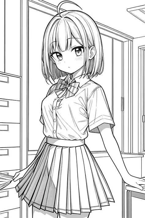 masterpiece, best quality, 1girl, solo, long_hair, looking_at_viewer, monochrome, lineart,
<lora:animeLineartMangaLike_v30MangaLike:0.8>,
in schoolyard, summer school uniform with bowtie, (shirt:1.4), (pleated skirt:1.3), (bowtie:1.4), short sleeves,, (short bob cut), (single ahoge),