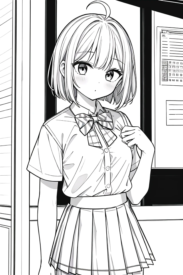 masterpiece, best quality, 1girl, solo, long_hair, looking_at_viewer, monochrome, lineart,
<lora:animeLineartMangaLike_v30MangaLike:0.8>,
in schoolyard, summer school uniform with bowtie, (shirt:1.4), (pleated skirt:1.3), (bowtie:1.4), short sleeves,, (short bob cut), (single ahoge),