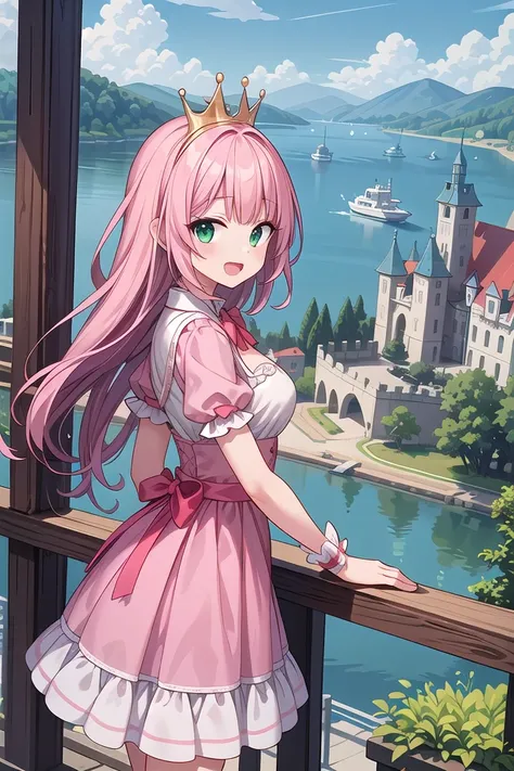 insanely detailed, absurdres, ultra-highres, ultra-detailed, best quality,
1 girl, solo, nice hands, perfect hands,
BREAK,
(wearing princess dress), teara,
happy smile, laugh, open mouth,
standing,
from side, cowboy shot, looking at viewer,
BREAK,
slender, kawaii, perfect symmetrical face, ultra cute girl, ultra cute face, ultra detailed eyes, ultra detailed hair, ultra cute, ultra beautiful,
BREAK,
fantasy world, (castle in background, lake:1.3), (very wide, panorama view, sense of depth, magnificent view:1.3)
BREAK,
princess girl, pink hair, green eyes, medium breasts