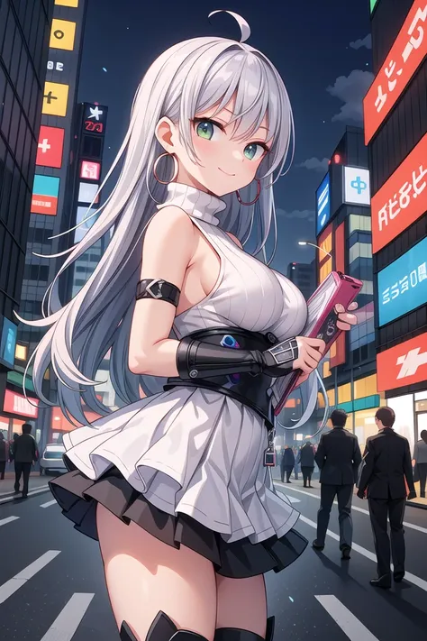 insanely detailed, absurdres, ultra-highres, ultra-detailed, best quality,
1girl, solo, nice hands, perfect hands
BREAK
(Cyberpunk theme:1.2), ((wear an oversized white turtleneck with holographic circuit pattern) paired with (black A-line layered skirt):1.2), (black thigh-high boots:1.2)
BREAK
(silver accessories:1.2), (silver hoop earrings:1.2), (silver ankle bracelet:1.2)
BREAK
happy smile, laugh, closed mouth
BREAK
from side,
standing, cowboy shot, looking at viewer
BREAK
slender, kawaii, perfect symmetrical face, ultra cute girl, ultra cute face, ultra detailed eyes, ultra detailed hair, ultra cute, ultra beautiful
BREAK
shibuya, akihabara, tokyo, street, crowd, cityscape, depth of field, ultra detailed background
BREAK
large breasts
BREAK
pink hair, dark green eyes, afro,
