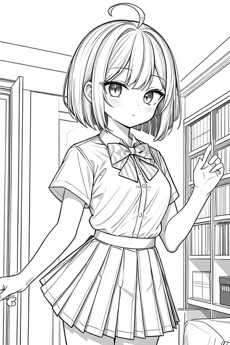 masterpiece, best quality, 1girl, solo, long_hair, looking_at_viewer, monochrome, lineart,
<lora:animeLineartMangaLike_v30MangaLike:0.8>,
in schoolyard, summer school uniform with bowtie, (shirt:1.4), (pleated skirt:1.3), (bowtie:1.4), short sleeves,,  (short bob cut),  (single ahoge),