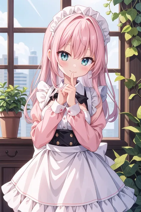 insanely detailed, absurdres, ultra-highres, ultra-detailed, best quality,
1girl, solo, nice hands, perfect hands,
BREAK
apron, blush, bow, bowtie, frilled apron, frills, long sleeves, maid, maid apron, maid headdress, waist apron, white apron
BREAK
smile, closed mouth
BREAK
finger to mouth, index finger raised, shushing, cowboy shot, looking at viewer,
BREAK
slender, kawaii, perfect symmetrical face, ultra cute girl, ultra cute face, ultra detailed eyes, ultra detailed hair, ultra cute, ultra beautiful,
BREAK
day, flower, ivy, leaf, indoors, open door, plant, potted plant, vines, window,
BREAK
white (pink:1.2) hair, green eyes, long hair, medium breasts, bangs, eyebrows visible through hair,