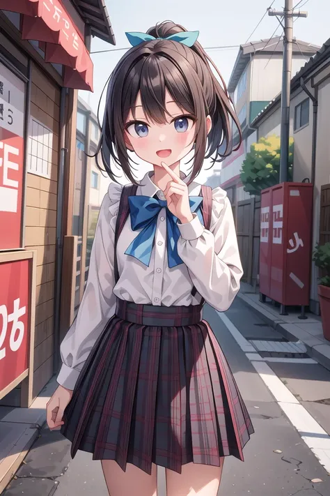 insanely detailed, absurdres, ultra-highres, ultra-detailed, best quality,
1girl, solo, nice hands, perfect hands
BREAK
jirai kei,plaid skirt, shirt, long sleeves, bow, blue skirt, white shoulder frilly shirt, outdoors, blue bow, long hair
, (cleavage:-1.5)
BREAK
happy smile, laugh, open mouth
BREAK
45 angle,
standing, cowboy shot, looking at viewer
BREAK
slender, kawaii, perfect symmetrical face, ultra cute girl, ultra cute face, ultra detailed eyes, ultra detailed hair, ultra cute, ultra beautiful
BREAK
in japanese street, cityscape in japan, depth of field, ultra detailed background
BREAK
large breasts
BREAK
black hair, black eyes, ponytail,