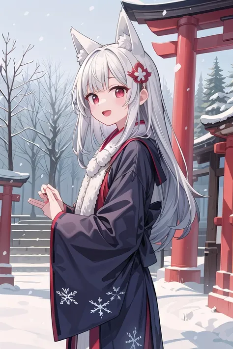 insanely detailed, absurdres, ultra-highres, ultra-detailed, best quality,
1girl, solo, nice hands, perfect hands,
BREAK
miko, hanfu, winter hanfu, cloak, (bare shoulder:-1.5), (cleavage:-1.5)
BREAK
happy smile, laugh, open mouth, standing,
from side,
cute pose, cowboy shot,
BREAK
slender, kawaii, perfect symmetrical face, ultra cute girl, ultra cute face, ultra detailed eyes, ultra detailed hair, ultra cute, ultra beautiful,
BREAK
japan, shrine, snowing, snowflake, snow, torii gate, stone steps, shrine architecture
BREAK
(white blue hair:1.2), very long hair, red eyes, two-tone hair, hair ornament, fox ears, fox tail, multiple tails,