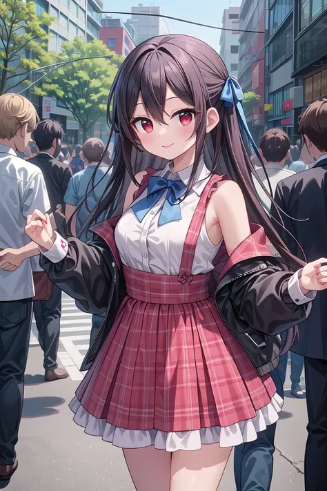 insanely detailed, absurdres, ultra-highres, ultra-detailed, best quality,
1girl, solo, nice hands, perfect hands,
BREAK
jirai kei,plaid skirt, shirt, long sleeves, bow, blue skirt, white shoulder frilly shirt, outdoors, blue bow, long hair
BREAK
happy smile, laugh, closed mouth, standing,
,
cute pose, cowboy shot,
BREAK
slender, kawaii, perfect symmetrical face, ultra cute girl, ultra cute face, ultra detailed eyes, ultra detailed hair, ultra cute, ultra beautiful,
BREAK
in harajuku, shibuya, tokyo, street, crowd, cityscape,
BREAK
medium breasts,
(black hair, red eyes), hair between eyes