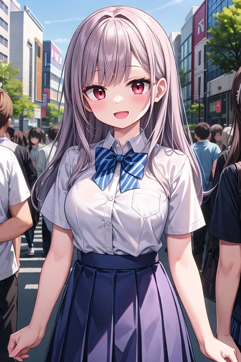 insanely detailed, absurdres, ultra-highres, ultra-detailed, best quality,
1girl, solo, nice hands, perfect hands,
BREAK
summer school uniform with indigo blue bowtie, (short sleeves, dark blue skirt, pleated skirt:1.3), (indigo blue:1.3) bowtie, (white shirt:1.3), shirt with white button, (skirt with many pleats:1.4), plain shirt, plain skirt, (striped bowtie:1.3), shirt_tucked_in 
BREAK
happy smile, laugh, open mouth, standing,
(45 angle:-1.5), (from side:-1.5),
cute pose, cowboy shot,
BREAK
slender, kawaii, perfect symmetrical face, ultra cute girl, ultra cute face, ultra detailed eyes, ultra detailed hair, ultra cute, ultra beautiful,
BREAK
in harajuku, shibuya, tokyo, street, crowd, cityscape,
BREAK
medium large breasts,
(grey hair, red eyes),