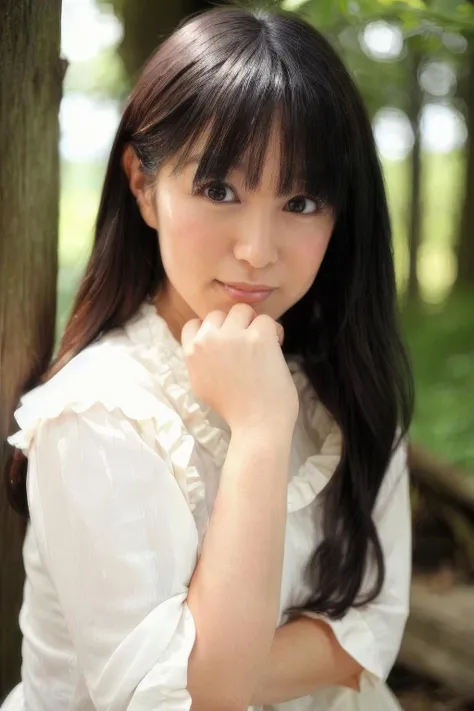 masterpiece,beautiful,extremely detailed,(ultra high res),(8k UHD best quality), (realistic, photo-realistic:1.37), depth_of,field, blurry_background, photo_inset,Dramatic lighting,reference_inset,photo_background,black eyes,photorealistic,looking_at_viewer,1girl,shiny skin,detailed skin,smile,(((white blouse with frills))),Enchanting meadow with wildflowers,nana,<lora:nana nanaumi:1>