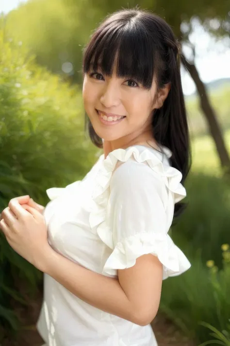 masterpiece,beautiful,extremely detailed,(ultra high res),(8k UHD best quality), (realistic, photo-realistic:1.37), depth_of,field, blurry_background, photo_inset,Dramatic lighting,reference_inset,photo_background,black eyes,photorealistic,looking_at_viewer,1girl,shiny skin,detailed skin,smile,(((white blouse with frills))),Enchanting meadow with wildflowers,nana,<lora:nana nanaumi:1>