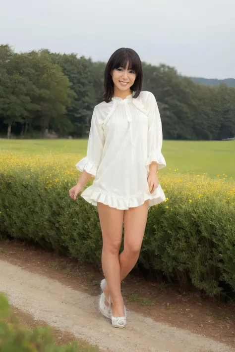 masterpiece,beautiful,extremely detailed,(ultra high res),(8k UHD best quality), (realistic, photo-realistic:1.37), depth_of,field, blurry_background, photo_inset,Dramatic lighting,reference_inset,photo_background,black eyes,photorealistic,looking_at_viewer,1girl,shiny skin,detailed skin,smile,(((white blouse with frills))),Enchanting meadow with wildflowers,nana,<lora:nana nanaumi:1>