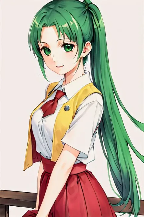 <lora:MionXL:1>,Mion Sonozaki,green hair,green eyes,ponytail,white shirt,red necktie,yellow vest,red skirt,