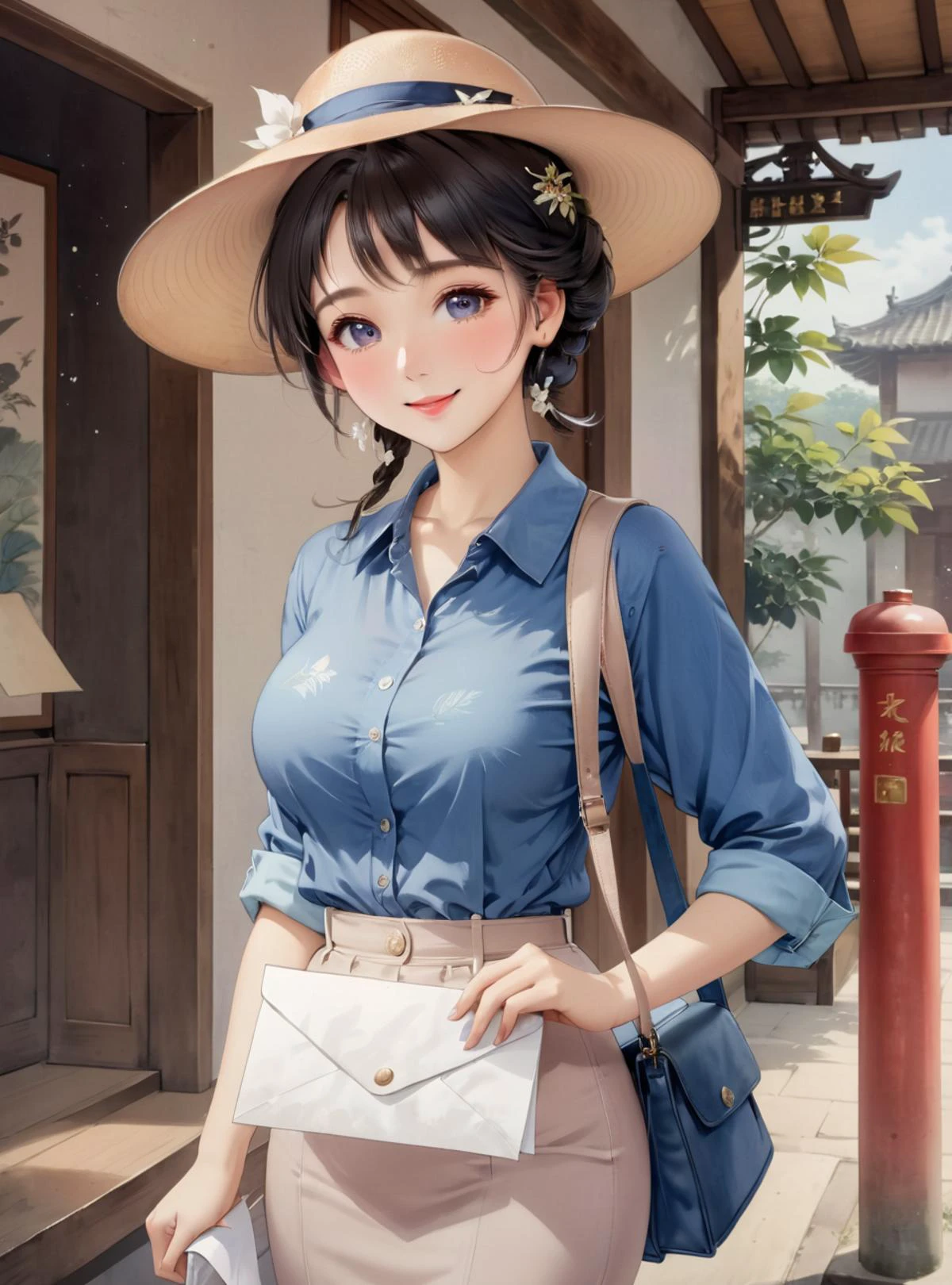 (masterpiece, top quality, best quality, official art, beautiful and aesthetic:1.2), (photorealistic, ultra realistic 8k CG), raw photo, photo:1.5, realistic:1.5, photorealistic:1.5, ultra highres, 8k, texture skin, realistic skin, detailed skin, highest detailed, extreme detailed, 8k wallpaper, colorful,
best shadow, an extremely delicate and beautiful,
1 girl, lady, sexy ,seductive,Shiny skinï¼
mailman, large breasts, wide hips, holding envelope, collared shirt, pencil skirt, blue shirt, smile, envelope, messenger bag, hat
(focus on), color Ink wash painting,
<lora:sdxL_offset:1> <lora:Neg4all_V6:1>