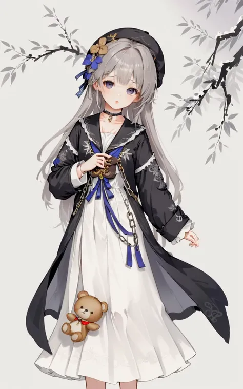 traditional chinese ink painting,willow branches,willow tree in background,wuchangshuo,
ultra-detailed,(best quality),((masterpiece)),(highres),original,extremely,<lora:heita_Dim8:1>,Herta,1girl,stuffed toy,stuffed animal,solo,holding stuffed toy,dress,hat,head tilt,stuffed bunny,simple background,holding,looking at viewer,choker,long sleeves,chain,grey background,teddy bear,white dress,beret,sailor collar,closed mouth,neckerchief,standing,cross,black choker,coat,white background,black dress,cowboy shot,