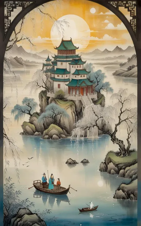 traditional chinese ink painting,willow branches,willow tree in background,wuchangshuo,
detailed ink,pen and ink,mail art,best quality,detailed epic ice transparent ethereal otherworldly ghost castle in the blue sky,clouds,smoke,fog,detailed landscape,ghost figures,lake,boat,green forest,detailed flying dragon at the sky,detailed scales,warm lights,glittering,Craola,Dan Mumford,Andy Kehoe,2d,flat,art on a cracked paper,patchwork,stained glass,cute,adorable,fairytale,storybook detailed illustration,cinematic,ultra highly detailed,tiny details,beautiful details,mystical,luminism,vibrant colors,complex background,