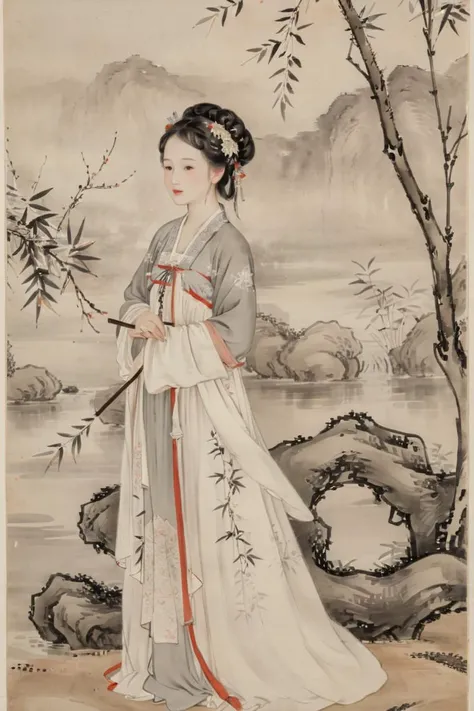 traditionalchineseinkpainting,blackandwhiteinkpainting, willowbranches,willowtreeinbackground, 1gril wearing hanfu, tang style outfits,<lora:hanfuTang_v40_M_SDXL:0.5>, shallow depth of field, vignette, highly detailed, high budget, bokeh, cinemascope, moody, epic, gorgeous, film grain, grainy,full body