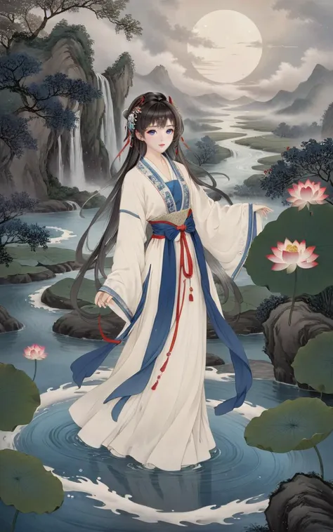 (masterpiece,best quality,extremely detailed CG unity 8k wallpaper,ultra-detailed),(best illumination,best shadow,an extremely delicate and beautiful),ink_wash_painting,night,(tai_chi:1.25),(yin_yang:0.85),ba gua,swirl,(the_bottom_of_the_bottlebackground:1.1),(1_girl:1.2),solo,The character is in the center of the frame,medium_full_shot,hanfu,taoist_robes,celestial_being_uniform,long_hair,(alternate hair color:1.3),white hair,black hair,a small red ornament,beautiful_detailed_eyes,indigo_eyes,(girl_surrounded_by_floating_water_flow:1.3),medium_breasts,wind,lotus,(cloudy:1.1),(stratocumulus_stratiformis:1.35),looking_at_viewers,cowboy shot