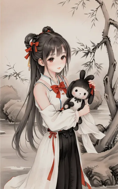 traditional chinese ink painting,willow branches,willow tree in background,wuchangshuo,black and white ink painting,
1girl, stuffed toy, solo, stuffed animal, twintails, long hair, halo, looking at viewer, bow, red eyes, sleeveless, braid, bare shoulders, bangs, bandages, holding stuffed toy, black bow, closed mouth, skirt, page number, hair bow, black skirt, stuffed bunny, own hands together, shirt, very long hair, white shirt, holding, black background, frills, bowtie, hair between eyes, object hug, sleeveless shirt, blush, bare arms, simple background