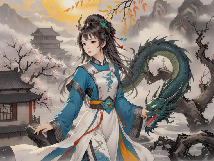traditional chinese ink painting,willow branches,wuchangshuo,{{master piece}},best quality,illustration,1girl,small breast,beatiful detailed eyes,beatiful detailed cyberpunk city,flat_chest,beatiful detailed hair,wavy hair,beatiful detailed steet,mecha clothes,robot girl,cool movement,sliver bodysuit,{filigree},dargon wings,colorful background,a dragon  stands behind the girl,rainy days,{lightning effect},beatiful detailed sliver dragon arnour,(cold face),