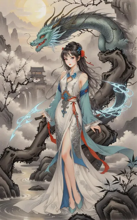 traditional chinese ink painting,willow branches,wuchangshuo,
{{master piece}},best quality,illustration,1girl,small breast,beatiful detailed eyes,beatiful detailed cyberpunk city,flat_chest,beatiful detailed hair,wavy hair,beatiful detailed steet,mecha clothes,robot girl,cool movement,sliver bodysuit,{filigree},dargon wings,colorful background,a dragon  stands behind the girl,rainy days,{lightning effect},beatiful detailed sliver dragon arnour,(cold face),