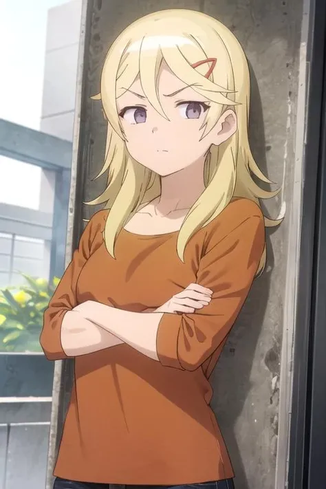 (((pixel-perfect, detail-perfect))), solo, 1girl, <lora:ryo-jahychan-01:0.8>, ryo, orange shirt, collarbone, looking at viewer, crossed arms, closed mouth