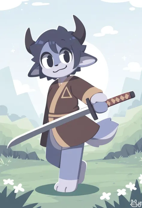 (score_9, score_8_up, score_7_up, score_6_up, score_5_up, score_4_up), anime lineart, BREAK cartoon layout, story panels, worrior, sword, (holding sword), fighting stance, sexually suggestive, Broad Smiling, BREAK (furry, anthro, furry girl, furry skin:1.2), minotaur girl, fluffy skin, blue skin, animal tail, chibi body, blue hair, short hair, BREAK checkered african clothes, tribe, tribal, savana, yellow grass land, <lora:Artifyber_style:0.85>, Artifyber_style, <lora:izumogasshuukokustyle:0.7>, igstyle