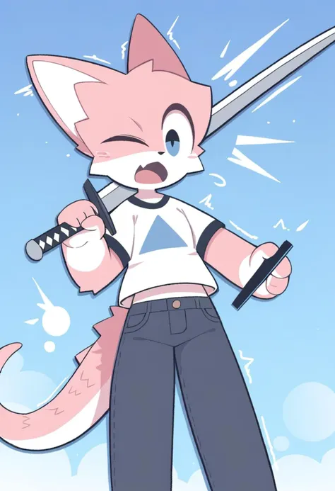 (score_9, score_8_up, score_7_up, score_6_up, score_5_up, score_4_up), anime lineart, BREAK worrior, sword, (holding sword), fighting stance, orgasm, open mouth, trembling, BREAK (furry, anthro, furry girl, furry skin:1.2), lizard girl, scales, white skin, animal tail, petite body, pink hair, absurdly short hair, BREAK ripped jeans, white t-shirt, cyan background, clear sky, blue sky, <lora:Artifyber_style:0.85>, Artifyber_style, <lora:izumogasshuukokustyle:0.7>, igstyle