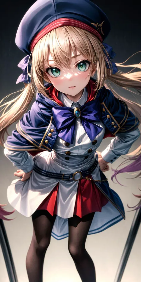 (masterpiece), best quality, (((ultra detailed, 8k quality))), expressive eyes, perfect face, perfect anatomy, perfect body, scene, <lora:scene_:0.7>, <lora:more_details:0.7>, <lora:beautiful_detailed_eyes:0.5>, <lora:GoodHands-beta2:0.7>, <lora:give_it_a_name:0.7>,
bbcaster, long hair, twintails, beret, blue headwear, green eyes, blue cape, bowtie, white dress, long sleeves, buttons, double-breasted, blue belt, black pantyhose, <lora:artoria_caster_(caster)_v1:0.7>, leaning forward, pointing at viewer, hand on hip,
