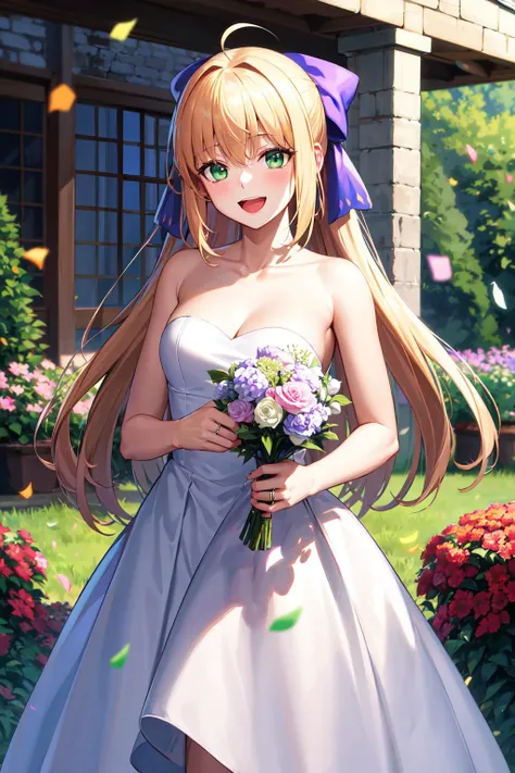 masterpiece, best quality, highres, bbcaster, long hair, ahoge, hair bow, green eyes, wedding dress, white dress, strapless, garden, smile, open mouth, confetti, holding bouquet, standing, cowboy shot,