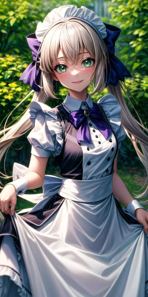 (masterpiece), best quality, (((ultra detailed, 8k quality))), expressive eyes, perfect face, perfect anatomy, perfect body, scene, <lora:scene_:0.7>, <lora:more_details:0.7>, <lora:beautiful_detailed_eyes:0.5>, <lora:GoodHands-beta2:0.7>, <lora:give_it_a_name:0.7>,
bbcaster, long hair, twintails, ahoge, hair bow, green eyes, <lora:artoria_caster_(caster)_v1:0.7>, maid, maid headdress, skirt hold, garden, smile