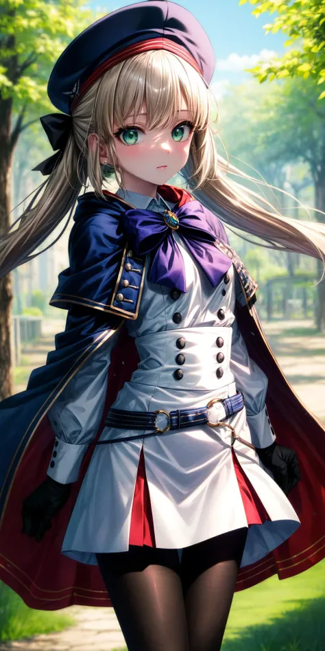 (masterpiece), best quality, (((ultra detailed, 8k quality))), expressive eyes, perfect face, perfect anatomy, perfect body, scene, <lora:scene_:0.7>, <lora:more_details:0.7>, <lora:beautiful_detailed_eyes:0.5>, <lora:GoodHands-beta2:0.7>, <lora:give_it_a_name:0.7>,
bbcaster, long hair, twintails, beret, blue headwear, green eyes, blue cape, bowtie, white dress, long sleeves, black gloves, buttons, double-breasted, blue belt, black pantyhose, <lora:artoria_caster_(caster)_v1:0.7>, standing, cowboy shot, outdoors