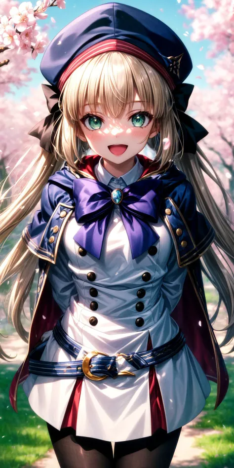 (masterpiece), best quality, (((ultra detailed, 8k quality))), expressive eyes, perfect face, perfect anatomy, perfect body, scene, <lora:scene_:0.7>,  <lora:more_details:0.7>, <lora:beautiful_detailed_eyes:0.5>, <lora:GoodHands-beta2:0.7>, <lora:give_it_a_name:0.7>,
bbcaster, long hair, twintails, beret, blue headwear, green eyes, blue cape, bowtie, white dress, long sleeves, buttons, double-breasted, blue belt, black pantyhose, <lora:artoria_caster_(caster)_v1:0.7>, arms behind back, smile, open mouth, standing, cowboy shot, bent over, leaning forward, outdoors, cherry blossoms,