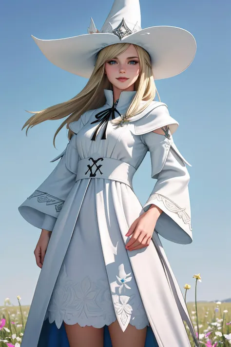((Masterpiece, best quality,edgQuality)),smug,smirk,blonde hair,
edgWHM, white mage robe, a woman in a white dress and hat standing in a field or flowers , wearing edgWHM,<lora:edgWhiteMage_MINI:1>