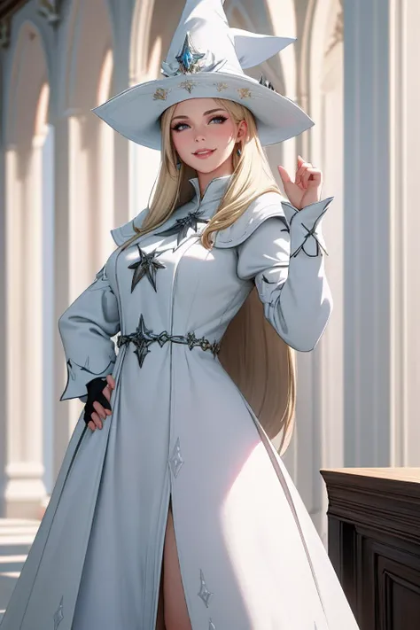 ((Masterpiece, best quality,edgQuality)),smug,smirk,blonde hair,bimbo,glossy,
edgWHM, white mage robe, a woman in a white dress posing in front of a medieval castle, wearing edgWHM, white mage hat
<lora:edgWhiteMage_MINI:1>