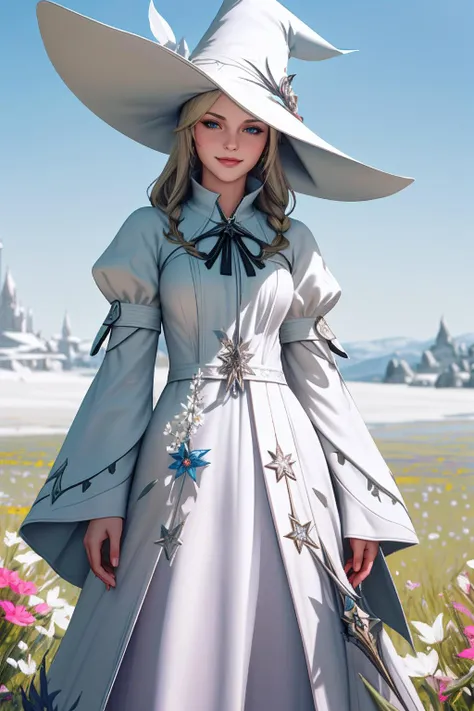 ((Masterpiece, best quality,edgQuality)),smug,smirk,blonde hair,
edgWHM, white mage robe, a woman in a white dress and hat standing in a field or flowers , wearing edgWHM,<lora:edgWhiteMage_MINI:1>