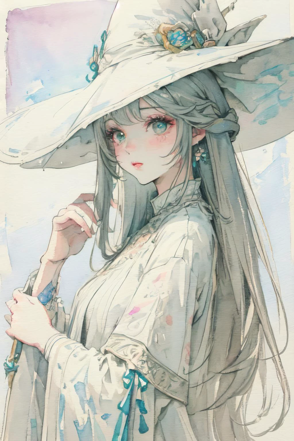 (moist paper,bright watercolor style,comfort,pastel painting illustration,concise,watercolor rendering,natural rendering,pigments mix naturally:1.3),
(white theme,bright theme,:1.3),
<lora:edgWhiteMage_MINI:0.8> edgWHM, white mage robe, white mage hat ,<lora:Elegant hanfu ruqun style:0.8> ru_qun