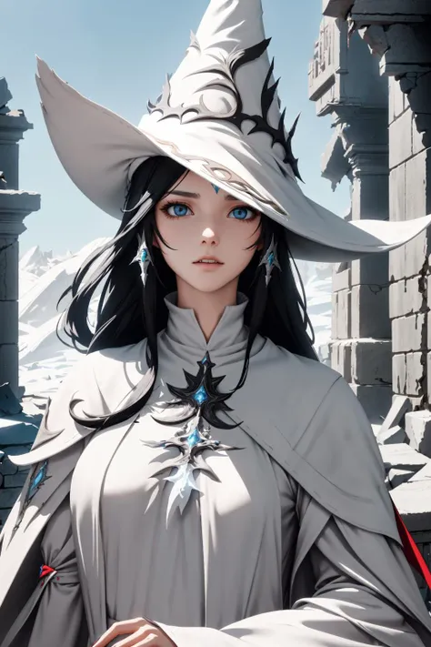 1 woman, black hair, long hair, disgusted face, <lora:edgWhiteMage_MINI:1> edgWHM, white mage robe, white mage hat, (ruins background:1.1),