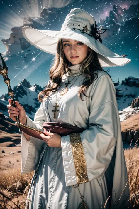 (realistic:1.3), finely detailed, quality, rembrandt lighting, (masterpiece:1.2), (photorealistic:1.2), (best quality), (detailed skin:1.3), (intricate details), dramatic, ray tracing, 1girl, french girl, 21 years old, detailed skin texture, (blush:0.5), (goosebumps:0.5), subsurface scattering, smiling, medium breasts, long hair curls, bangs, hair between eyes, blonde hair, edgWHM, white mage robe, white mage hat, gold trim, embroidery, wand, holding a wand, (amazing shining holy magic effects, casting holy magic, night sky, night:1.4), cowboy shot, (field of grass, mountains far away), <lora:edgWhiteMage_MINI:1>