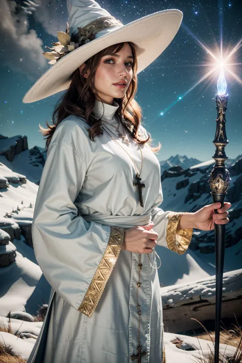 (realistic:1.3), finely detailed, quality, rembrandt lighting, (masterpiece:1.2), (photorealistic:1.2), (best quality), (detailed skin:1.3), (intricate details), dramatic, ray tracing, 1girl, french girl, 21 years old, detailed skin texture, (blush:0.5), (goosebumps:0.5), subsurface scattering, smiling, medium breasts, long hair curls, bangs, hair between eyes, blonde hair, edgWHM, white mage robe, white mage hat, gold trim, embroidery, wand, holding a wand, (amazing shining holy magic effects, casting holy magic:1.4), cowboy shot, (bright sunny day, field of grass, mountains far away), <lora:edgWhiteMage_MINI:1>