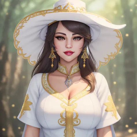 solo, 1woman, <lora:WHM_Glam:0.155>, Masterpiece, high quality, 4K, beautiful design, shiny, (redshift style:1.1), (analog style:1.1), sexy, realistic, photo shoot, professional, high contrast,([Selena Gomez|Jenna Ortega],hyper detailed beautiful face, attractive face, puffy lips, lipstick, light makeup, mascara, blush, photorealistic, face focus, 1girl, solo, expressive look,smiling, puffy lips, detailed eyes, beautifully detailed iris:1.255) HDR, highest quality, sharp focus, looking at viewer, facing viewer, 8k, hazel eyes, BRD_Glam, dark haired woman wearing WHM_Glam,(wearing ffxiv white mage robes with golden embroidery, a hat, face ultra focus, portrait:1.235), forest background