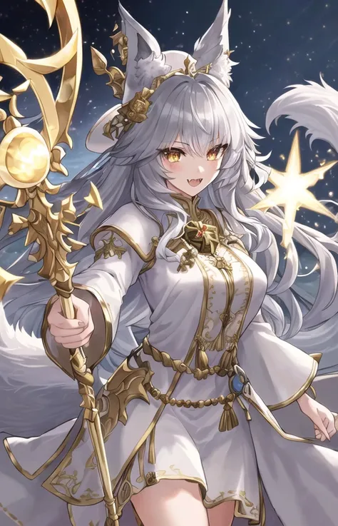 ((best quality)), ((highly detailed)), masterpiece, ((official art)), extremely detailed face, beautiful face, (detailed eyes, deep eyes), (1girl:1.33, solo), <lora:whiteMageFashion_v10:.1>, whm_glam, wearing whm_glam, (wearing ffxiv white mage robes with golden embroidery), (a hat), (holding a golden magic staff that emanates light:1.235), (((wolf girl)), wolf ears, (fangs), ((gold eyes)), (grey hair), (abs), (muscular), fluffy tail)