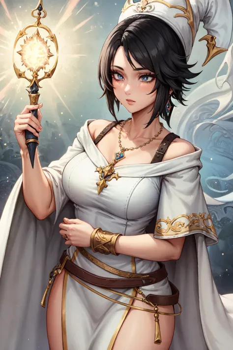 (masterpiece:1.2), (best quality:1.2), perfect eyes, perfect face, perfect lighting, 1girl, mature female white mage casting a holy spell, short black hair, pompadour cut, whm_glam, robe, belt, straps, necklace, earrings, tiara, wizard hat, detailed background, concentration, makeup, eyeshadow, thick eyelashes   <lora:whiteMageFashion_v10:0.3>