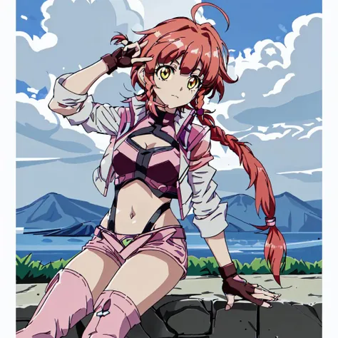 <lora:Vivian_Crossange-10:1>outdoor,masterpeace,high quality,Vivian_Crossange, 1girl, solo, short hair, navel, jacket, yellow eyes, ahoge, red hair, boots, midriff, fingerless gloves, single braid, side braid, pink shorts
