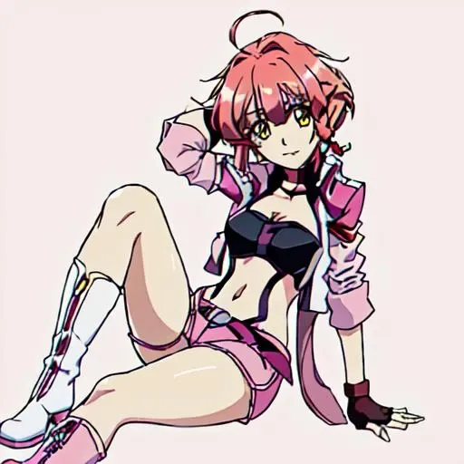 <lora:Vivian_Crossange-10:1>masterpeace,high quality,Vivian_Crossange, 1girl, solo, short hair, navel, jacket, yellow eyes, ahoge, red hair, boots, midriff, fingerless gloves, single braid, side braid, pink shorts