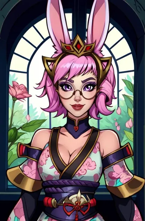 Rei,Bunny ears,purple eyes,short pink hair,makeup,rabbit tail, solo, upper body, smile, close up, 
Bnuuy,glasses,round eyewear,bare shoulders,japanese clothes,detached sleeves,kimono,floral,thighhighs,hair ornament, cleavage, 
fantasy lab,potions,window,
(insanely detailed, beautiful detailed face, masterpiece, best quality)  <lora:Rei-10:0.7>, realistic,