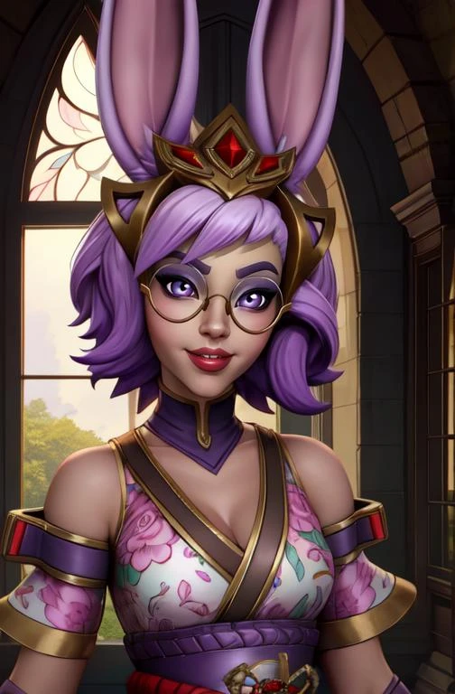 Rei,Bunny ears,purple eyes,short pink hair,makeup,rabbit tail, solo, smile,
standing, upper body,
round eyewear, kimono,floral,hair ornament, cleavage,
fantasy lab,potions,window,
(best quality, masterpiece, perfect face, beautiful and aesthetic:1.2, highest detailed face),
<lora:Rei-10v6:0.8>
